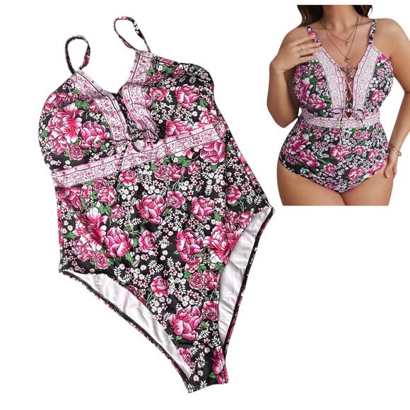 NEW WDIRARA Women's Plus 1XL Floral Print Lace Up One Piece SWIMSUIT Tie Front - Picture 1 of 9